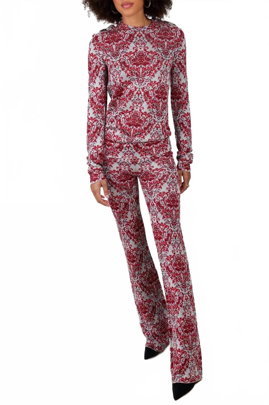 NEW RABANNE jersey knit long sleeve paisley top in red/silver
